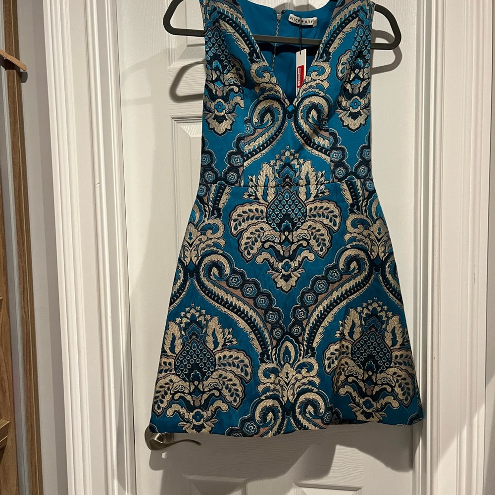 Alice + Olivia Teal and Gold Patterned Dress